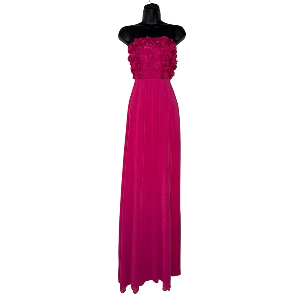 Strapless Floral Rosette Flowy Floor Length Gown Fairy‎ Formal Prom Hot Pink